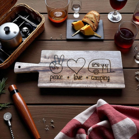 Peace Love Camping Engraved Paddle Cutting Board – Rustic Gift for Campers, Van Life & Caravan Kitchen Decor
