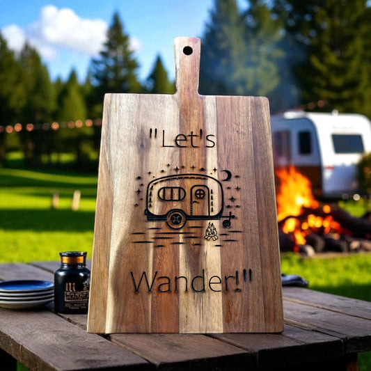 Let’s Wander Engraved Camper Cutting Board – Caravan Camping Gift for Van Life & Outdoor Travel Lovers
