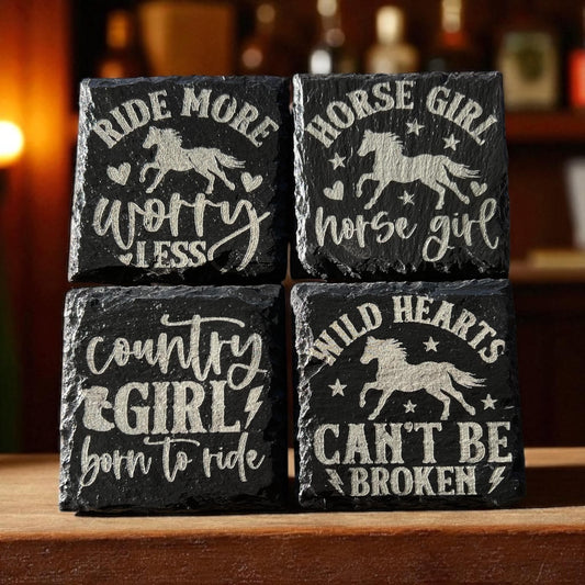 Cowgirl Coaster Set – Engraved Slate Drink Coasters | Horse Lover Gift | Country Girl Western Decor