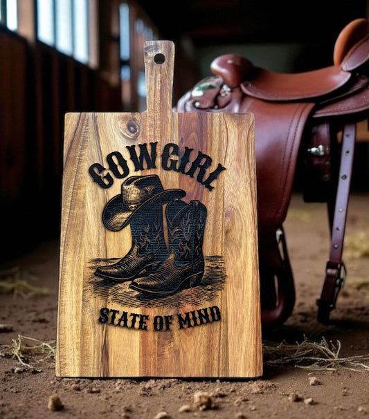Cowgirl State of Mind Cutting Board – Western Kitchen Decor | Engraved Gift for Country Girls & Riders